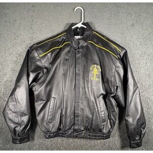 VTG Z Activewear Gold's Gym 100% Leather Bomber Jacket Men's XL Black Yellow